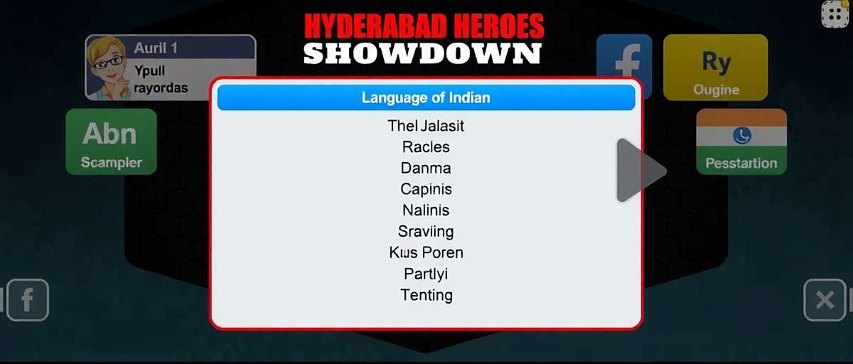 Hyderabad Heroes Showdown Language Support Hyderabad Heroes Showdown language selection screen showing various Indian language options